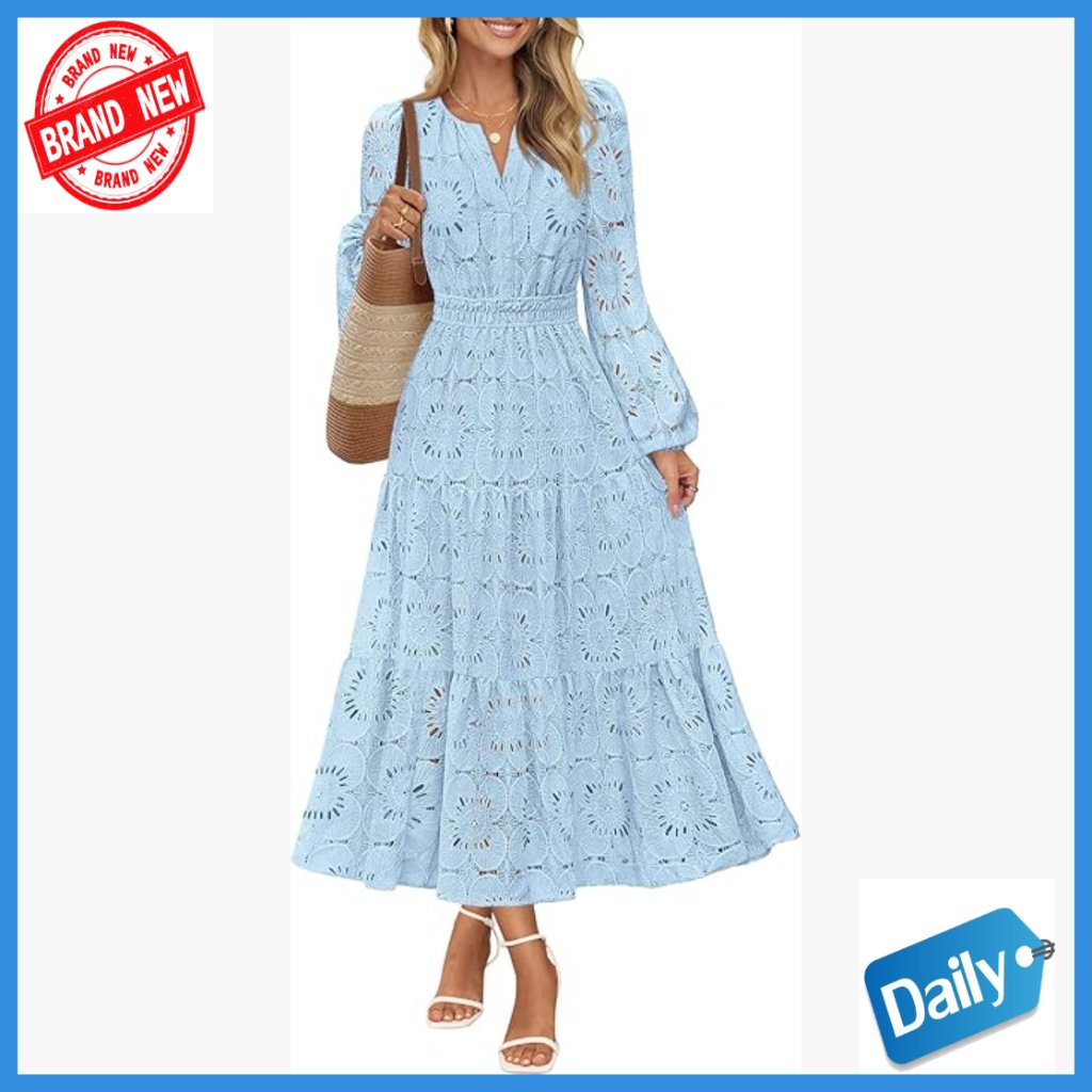 Long Sleeve Maxi Dress With Pockets, Floral Eyelet Lace, Boho Wedding Guest